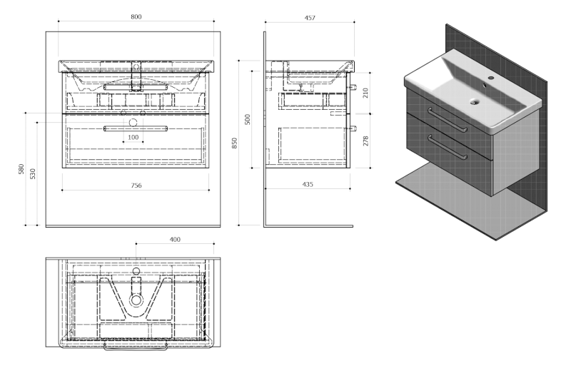 THEIA umyvadlová skříňka 75,6x50x44,2cm, 2xzásuvka, dub stříbrný TH080-1111