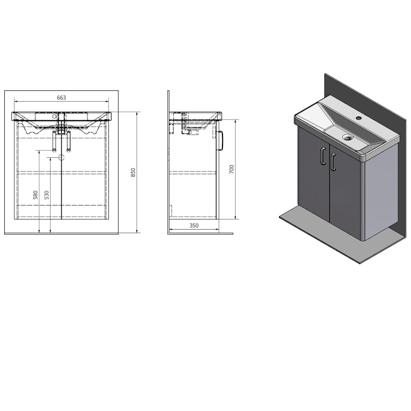 THEIA umyvadlová skříňka 66,3x70x35cm, 2x dvířka, borovice rustik TH072-1616