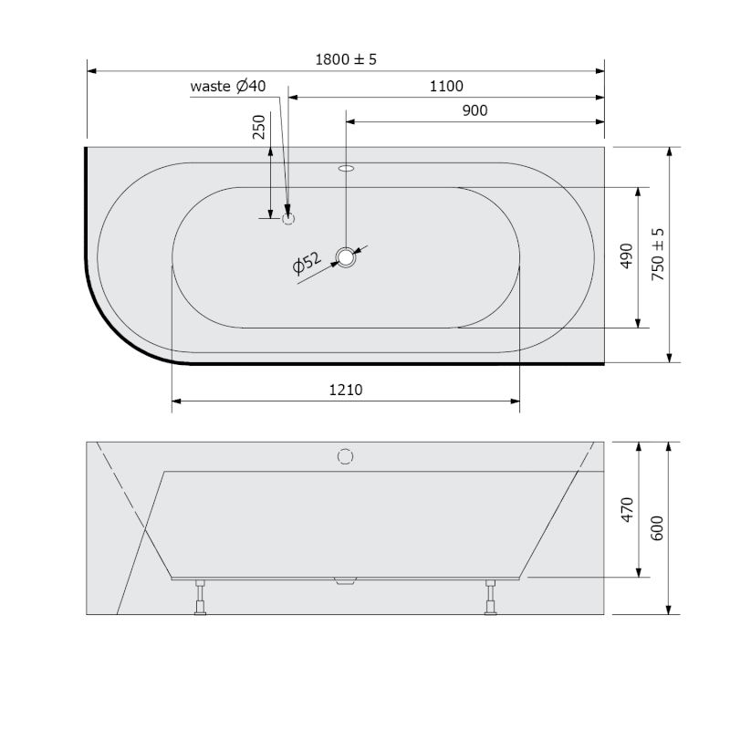 VIVA R MONOLITH asymetrická vana 180x75x60cm, bílá 72129M