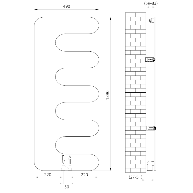 EVOLLA otopné těleso 490x1390 mm, černá mat MI1400