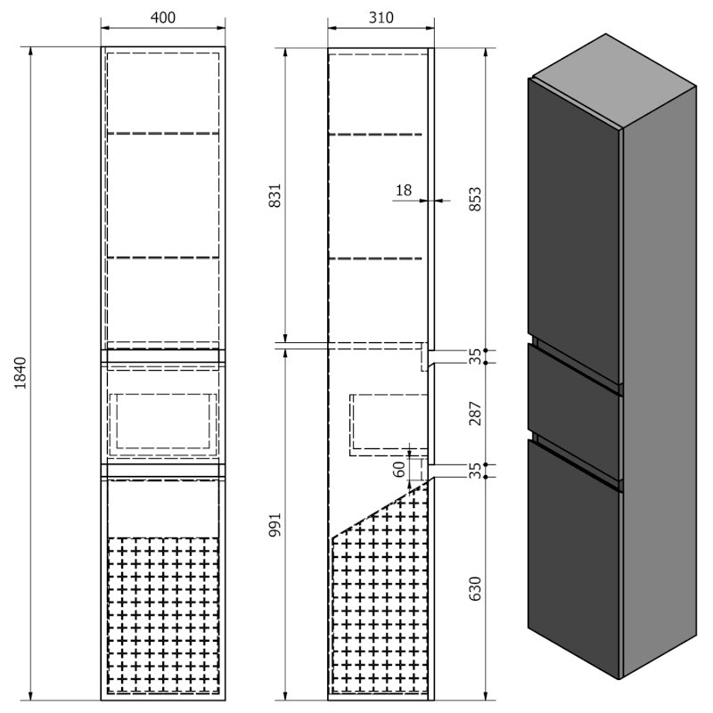 ALTAIR vysoká skříňka s košem 40x184x31cm, černá mat, pravá AI685R