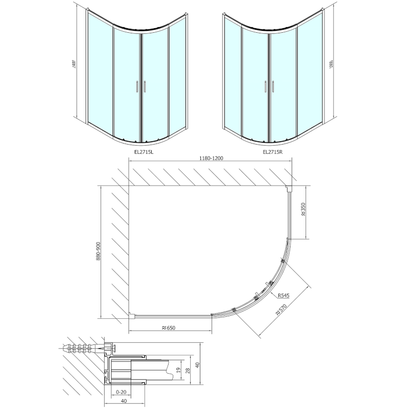 EASY čtvrtkruhová sprchová zástěna 1200x900mm, L/R, čiré sklo EL2715