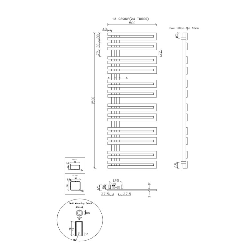 VOLGA otopné těleso 500x1500mm, nerez mat NR515