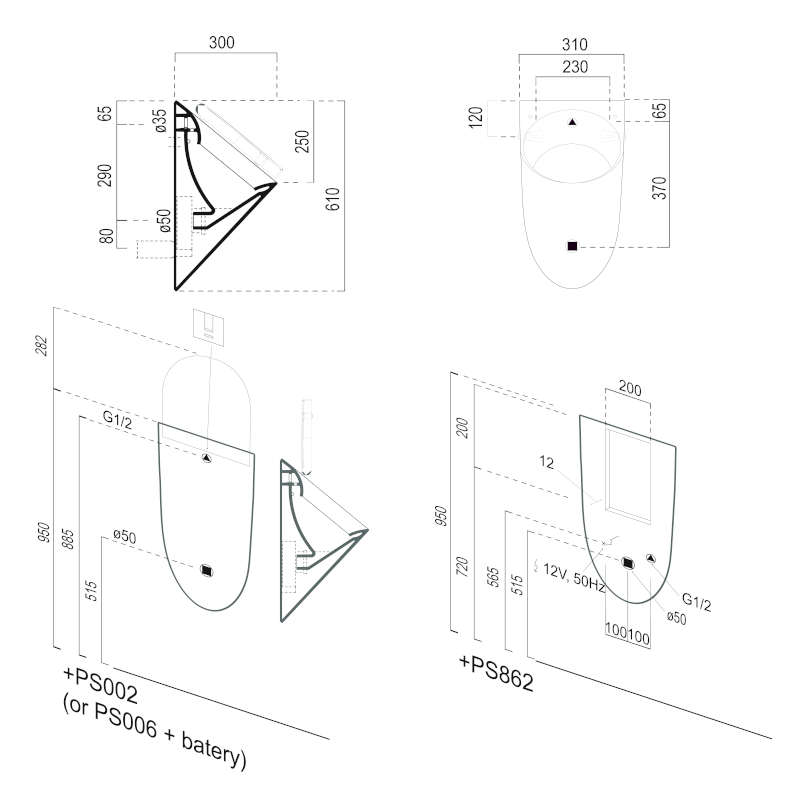 COMMUNITY urinál se zakrytým přívodem vody, 31x61cm, otvory pro víko, bílá ExtraGlaze 769811