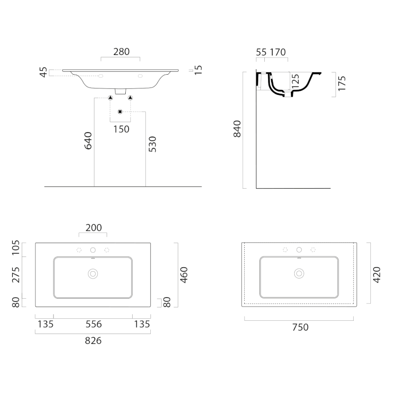 PURA keramické umyvadlo Slim 82x46cm, bez otvoru, bílá ExtraGlaze 8885011