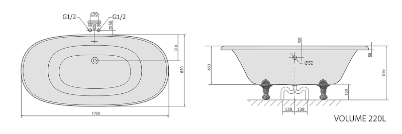 REGATA volně stojící vana 175x85x61cm, nohy bílé, bílá 10221
