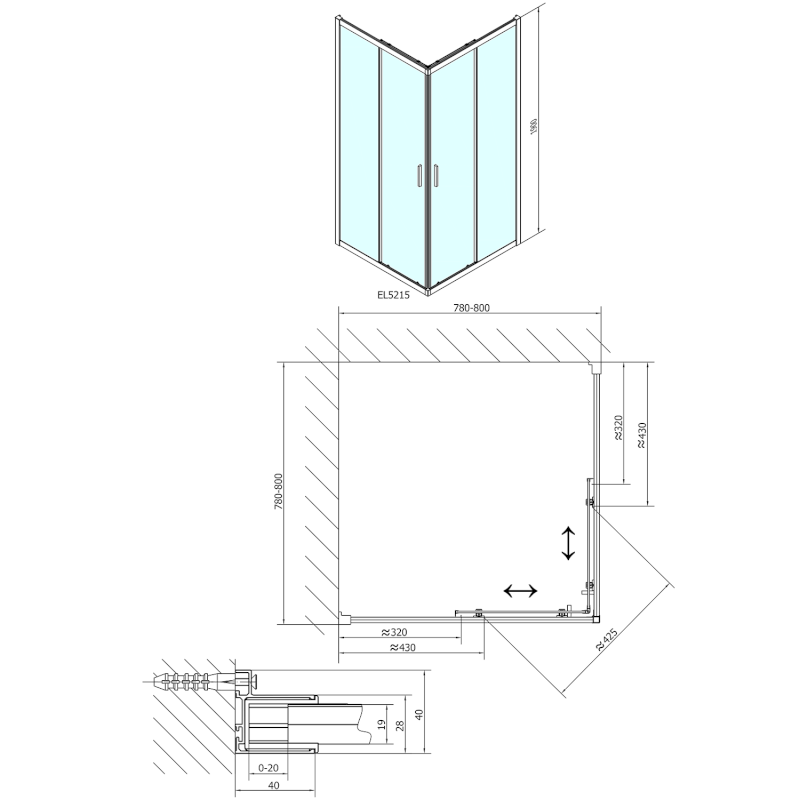 EASY čtvercová sprchová zástěna 800x800mm, čiré sklo EL5215