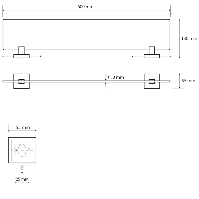 X-SQUARE polička skleněná 600x55x130mm, mléčné sklo, chrom XQ603