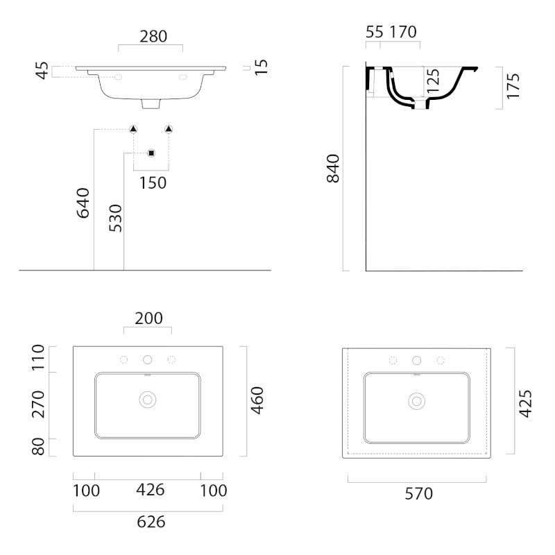PURA keramické umyvadlo Slim 62x46cm, bez otvoru, bílá ExtraGlaze 8884011