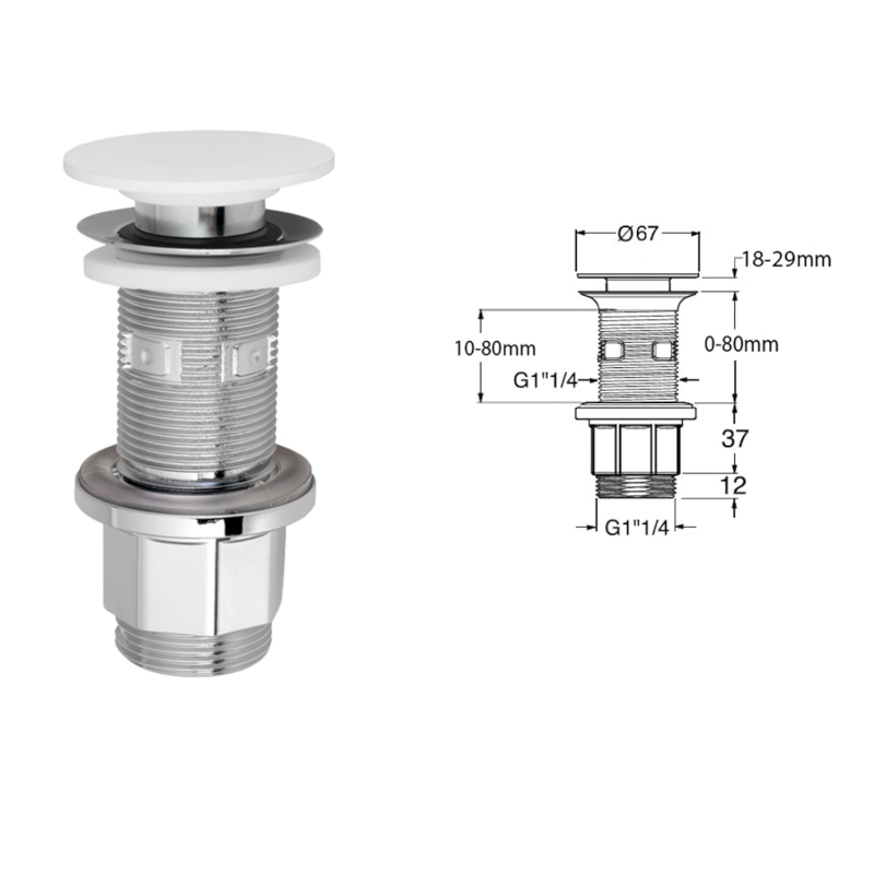 IMPALA umyvadlová výpust 5/4“, click-clack, Rockstone zátka, bílá mat WA03451