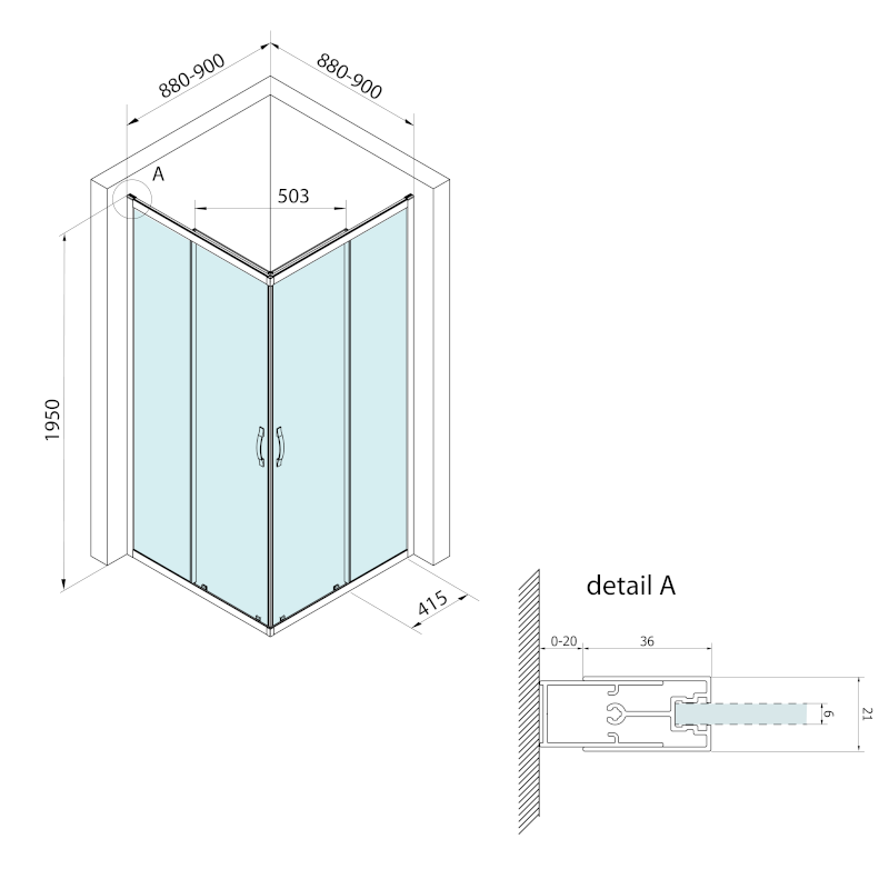 BORG čtvercová sprchová zástěna 900x900x1950 mm, čiré sklo 751.190.1