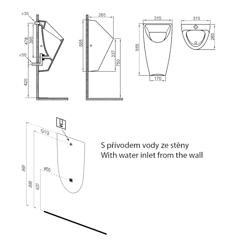 SCHWARN keramický urinál, zadní přívod, zadní odpad, bílá 201.701.4