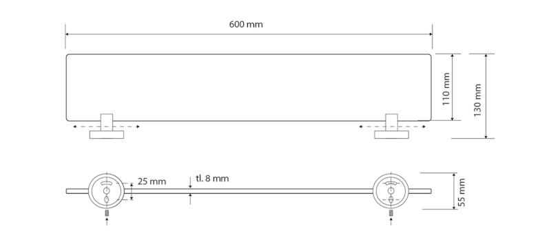 X-ROUND BLACK skleněná polička, 600mm, černá mat XR609B