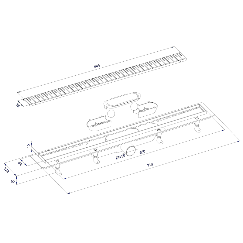 KLAVER podlahový žlab s nerezovým roštem, L-710, DN50 73721