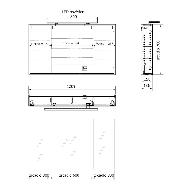 MIRRÓ galerka s LED osvětlením, 3x dvířka, 120x70x16cm, dub alabama MC121-0022
