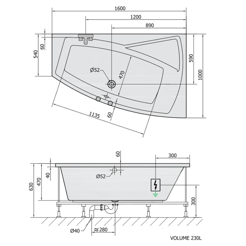 EVIA R hydromasážní vana, 160x100x47cm, Highline Hydro, chrom 12611.5010
