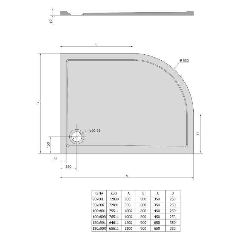 RENA R sprchová vanička z litého mramoru, čtvrtkruh 120x90cm, R550, pravá, bílá 65611