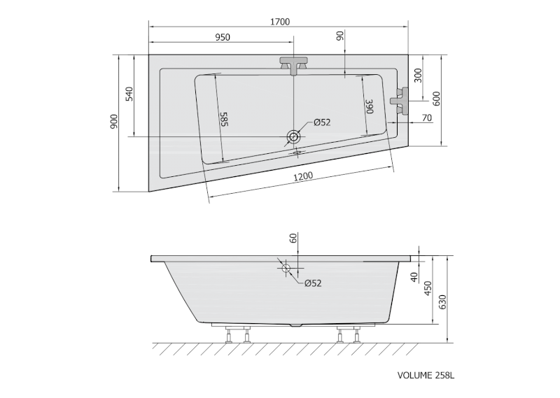 ANDRA L asymetrická vana 170x90x45cm, bílá mat 81111.11