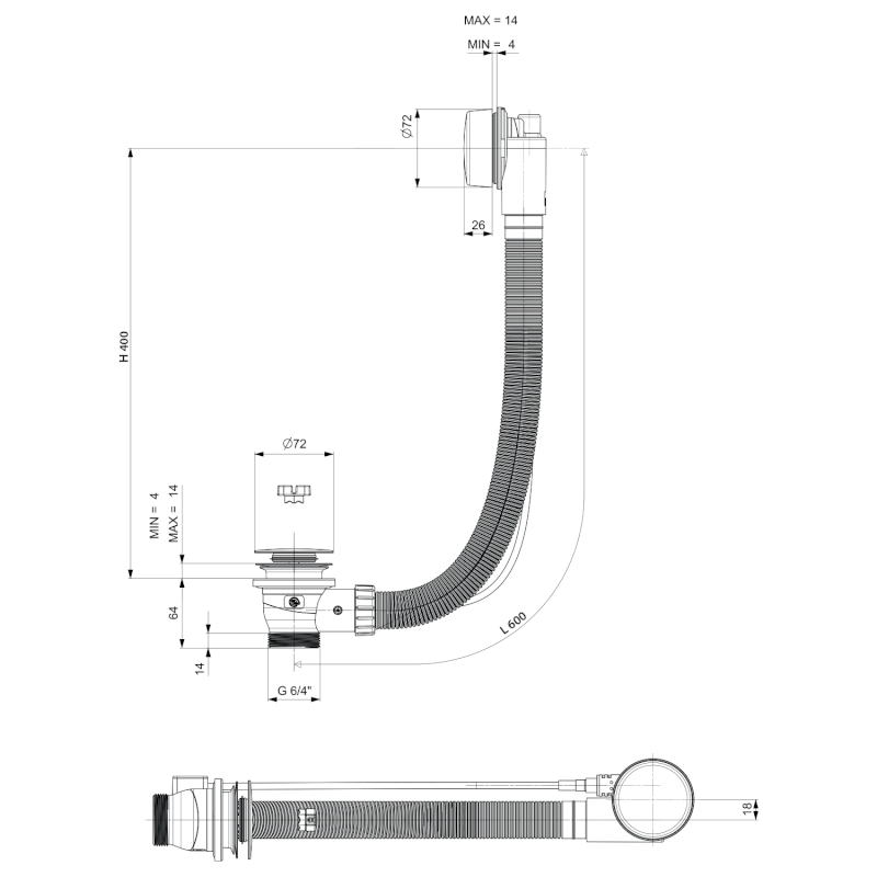 Vanová souprava, bovden, délka 600mm, zátka 72mm, zlato mat 71850.91