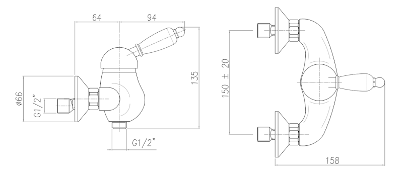 KIRKÉ WHITE nástěnná sprchová baterie, bílá páčka, chrom KI11BC