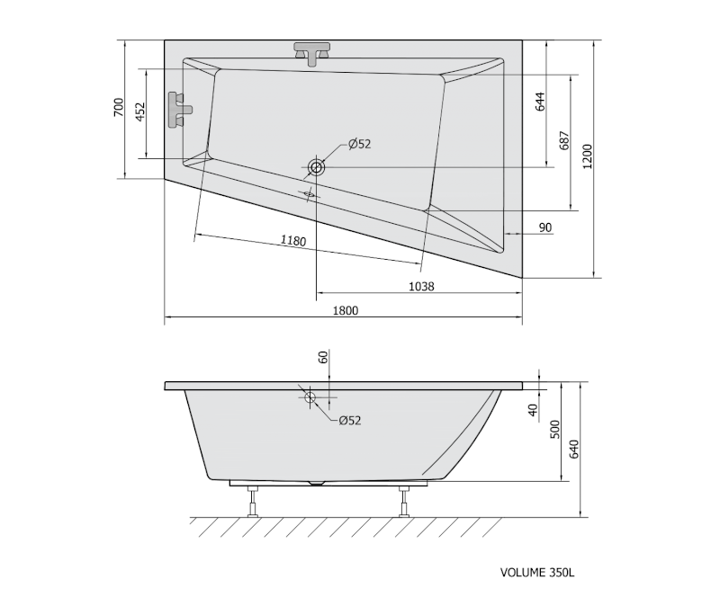 TRIANGL R asymetrická vana 180x120x50cm, bílá 20611