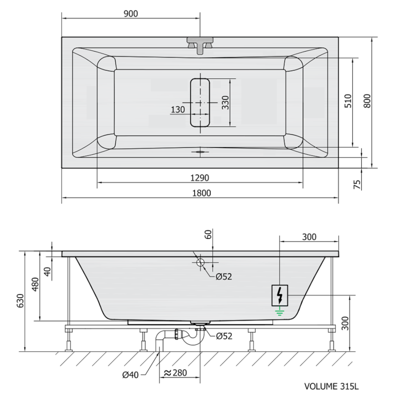 MARLENE hydromasážní vana, 180x80x48cm, Highline Hydro-Air, chrom 72034.6010