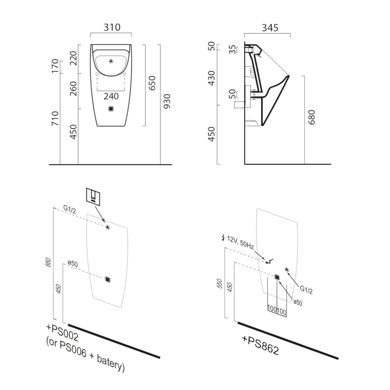 COMMUNITY urinál se zakrytým přívodem vody, 31x65cm, bílá ExtraGlaze 909711