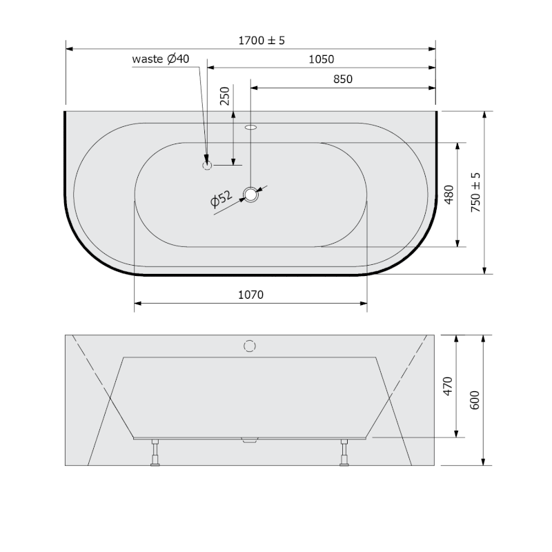 VIVA D MONOLITH nástěnná stojící vana 170x75x60cm, bílá/černá 89119MB