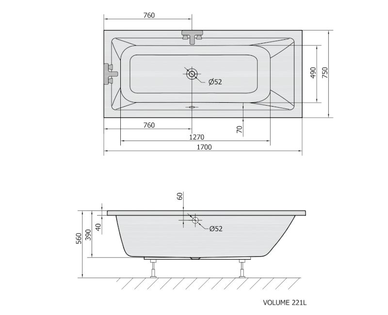 MIMOA obdélníková vana 170x75x39cm, bílá 71709