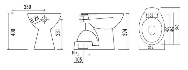 WC mísa stojící, 36x54cm, spodní odpad, bílá TP340