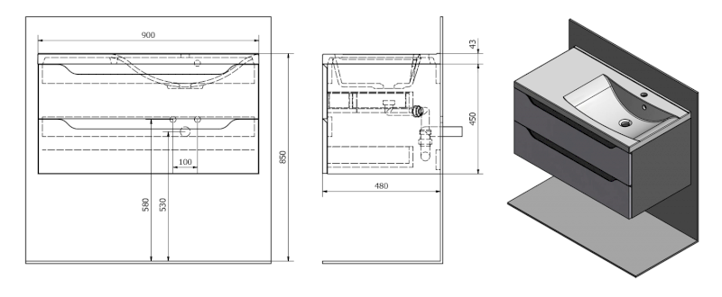 WAVE umyvadlová skříňka 89,7x45x47,8cm, pravá, bílá/dub stříbrný WA093-3011