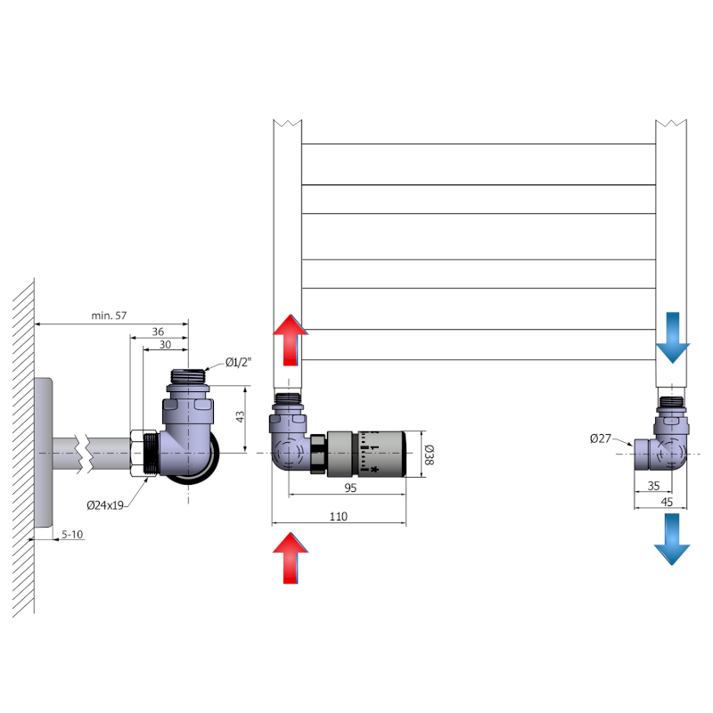 CORNER připojovací sada ventilů termostatická triaxiální, levé provedení, nerez mat CP1511LS