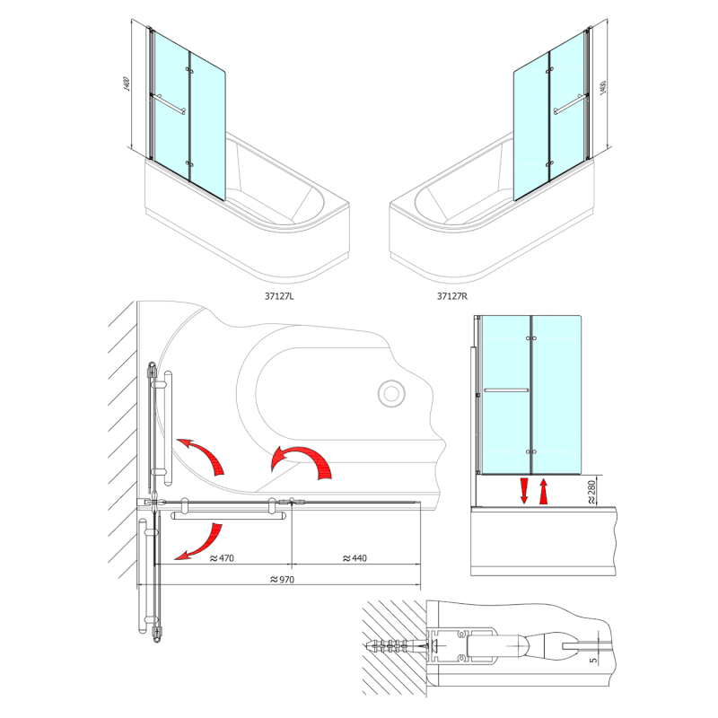 ODESSA vanová zástěna s pneumatickým zdvihem, š. 970mm, stříbrná, čiré sklo 37127