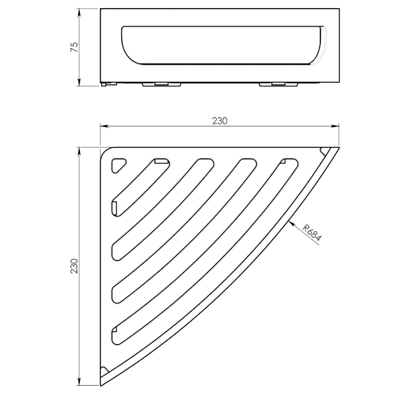 Rohová police do sprchy s hrazdou, 230x75x230 mm, oblá, ABS/chrom CP80