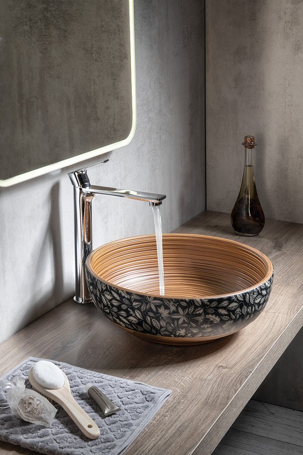 PRIORI keramické umyvadlo na desku, Ø 41 cm, hnědá s modrým vzorem PI023