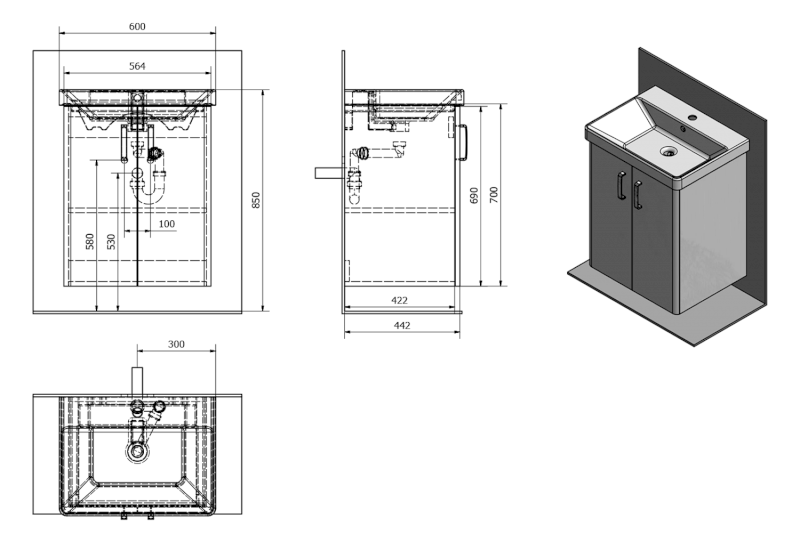 THEIA umyvadlová skříňka 56,4x70x44,2cm, 2xdvířka, bílá TH062-3030
