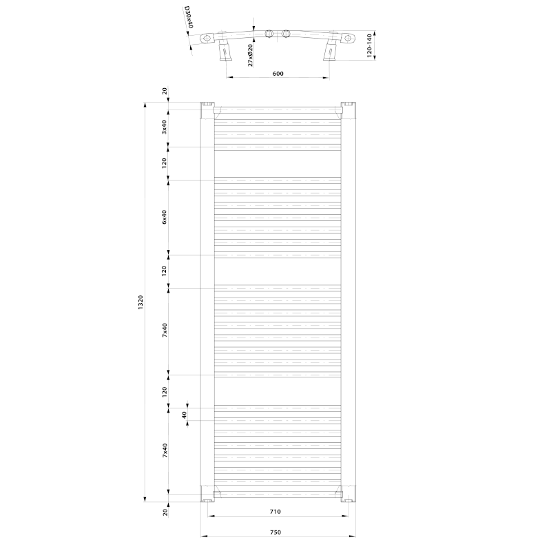 ORBIT otopné těleso s bočním připojením 750x1320 mm, bílá ILO37T