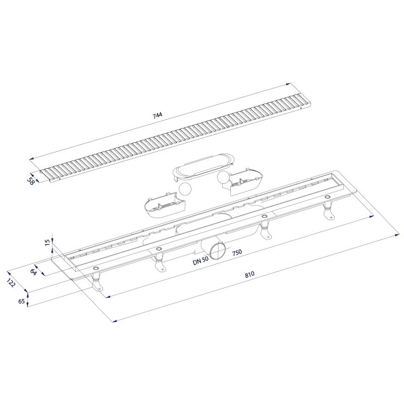 Podlahový žlab s nerezovým roštem, L-810, DN50 700.158.2