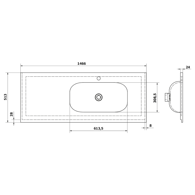 TREOS umyvadlo 146,6x51,3 cm (35+110), rockstone, pravé, bílá mat TS147-0101-R