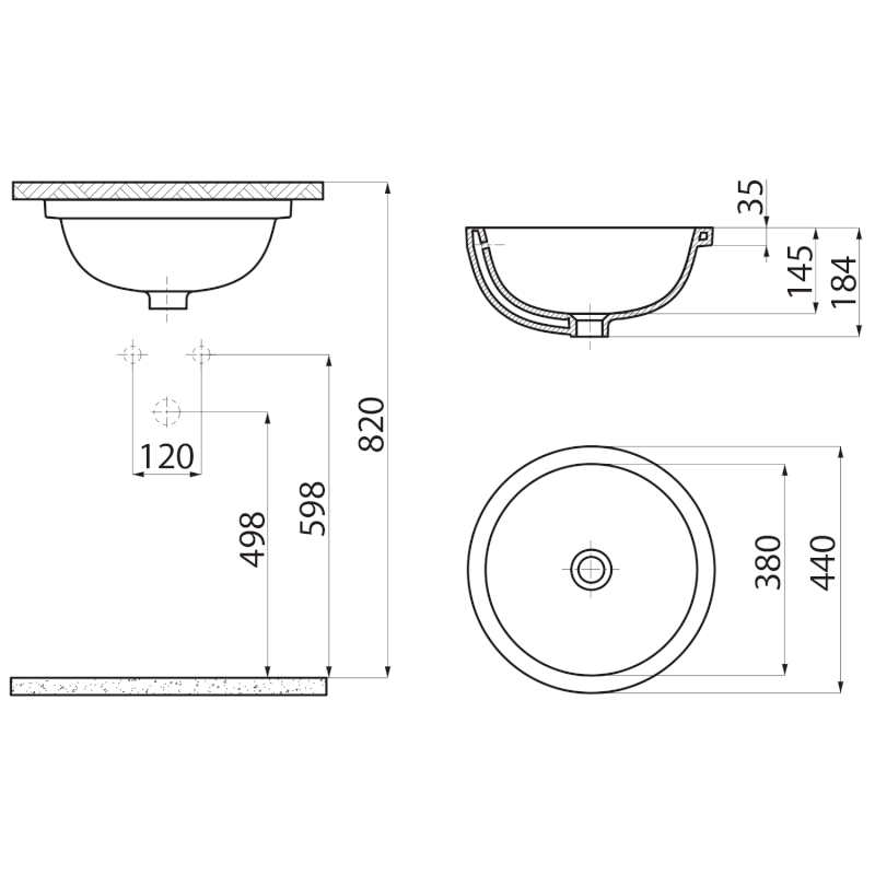 Keramické umyvadlo pod desku, 38x38cm, bílá MA037