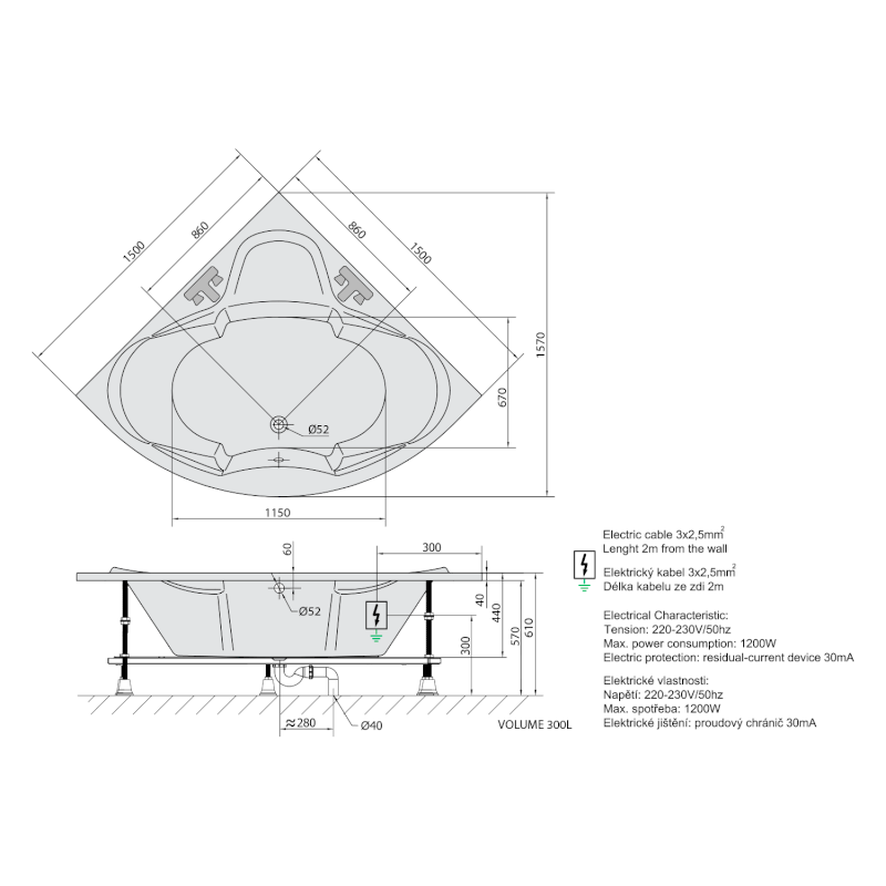 SIMONA hydromasážní vana, 150x150x44cm, Attraction Hydro-Air, chrom 94111.4010