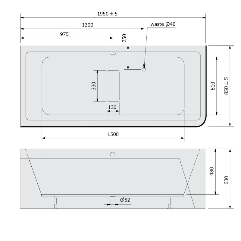 MARLENE CURVE L MONOLITH obdélníková vana 195x85x63cm, bílá/černá 78731MCLB
