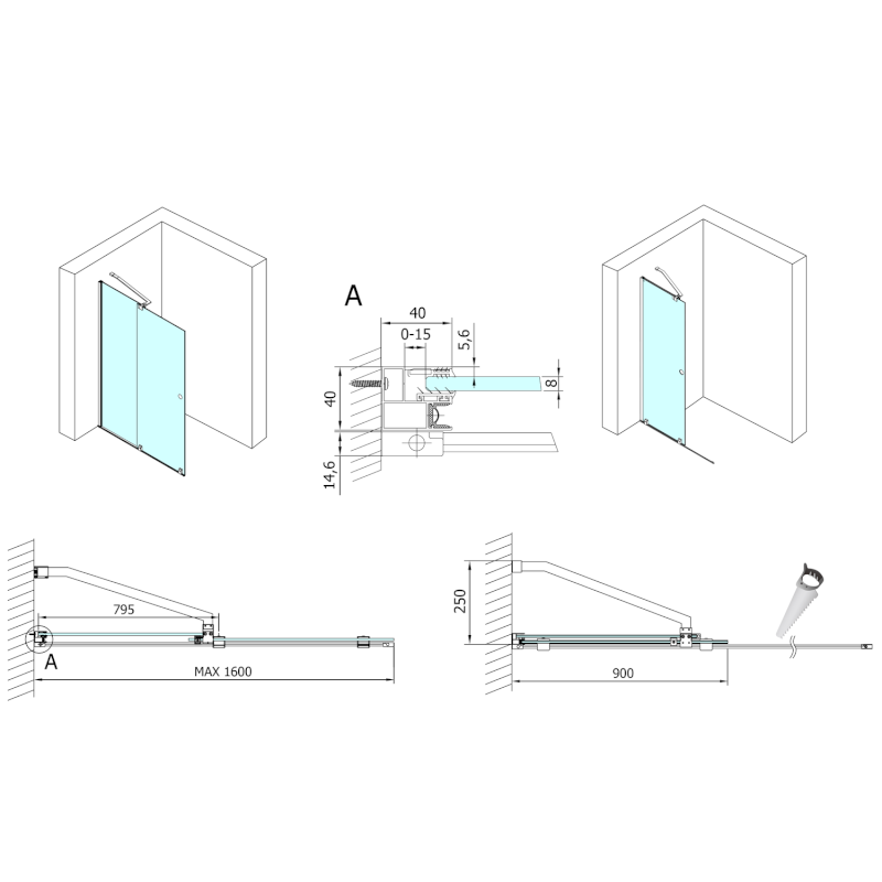 ROLLS BLACK sprchové dveře do prostoru 1600 mm, výška 2000 mm, čiré sklo MS5-160B