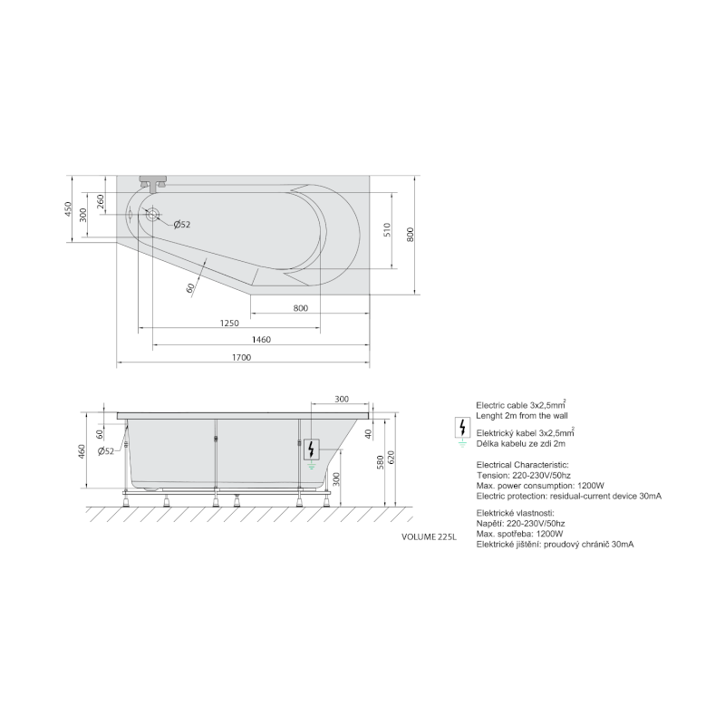 TIGRA R hydromasážní vana, 170x80x46cm, Attraction Hydro, chrom 90611.3010