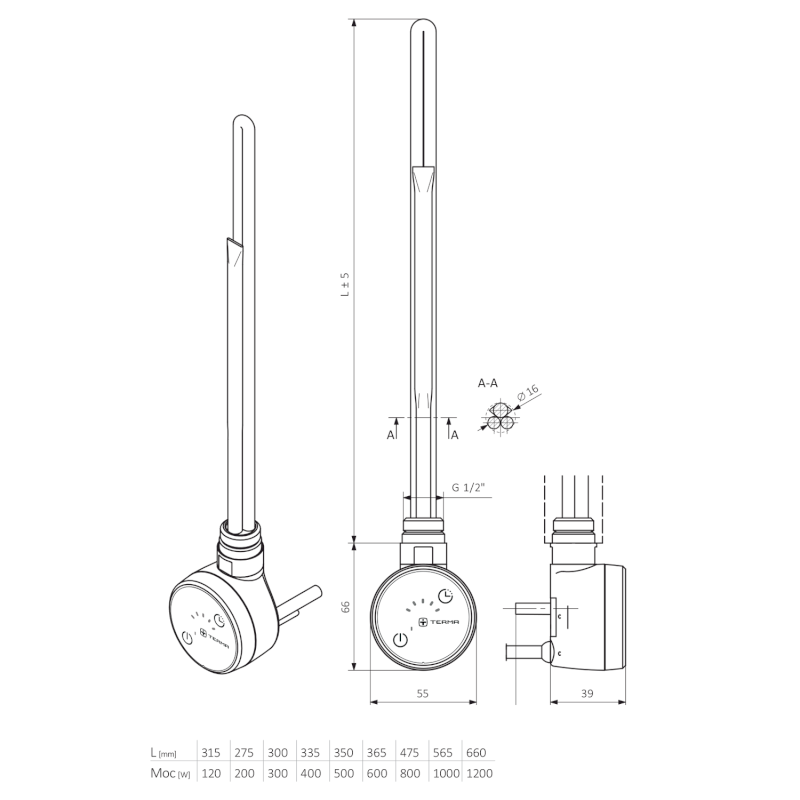 MOA topná tyč s termostatem a wifi, 600 W, zlato mat MOA-G-600