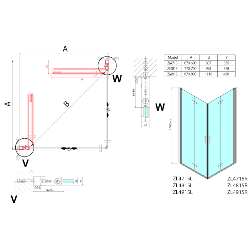 ZOOM sprchové dveře skládací 800mm, čiré sklo, pravé ZL4815R
