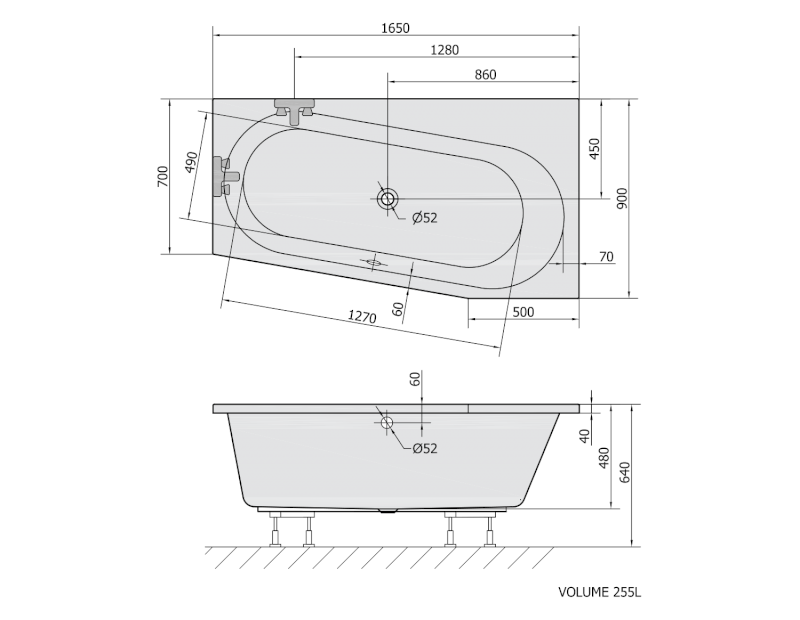 ASTRA WR asymetrická vana 165x90x48cm, bílá 31611