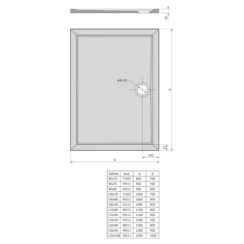 KARIA sprchová vanička z litého mramoru, obdélník 80x70cm, bílá 11091