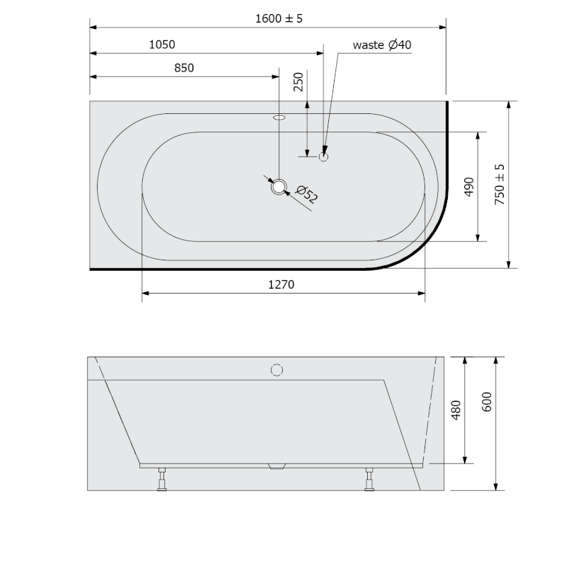 ASTRA L MONOLITH asymetrická vana 160x75x60cm, bílá/verde 33611M.44
