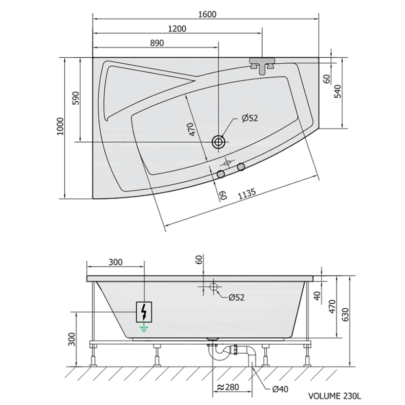 EVIA L hydromasážní vana, 160x100x47cm, Active Hydro-Air, chrom 11611.2010